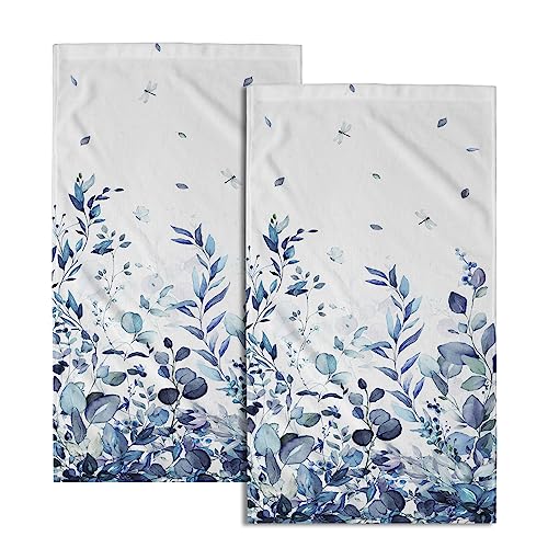 Blue Eucalyptus Leaves Hand Towels Set of 2, Botanical Leaf Floral Face Towel 28X14 inch, Quick Dry Super Absorbent Soft Washcloths for Kitchen Bathroom Yoga Workout Gym - color: Blue Eucalyptus