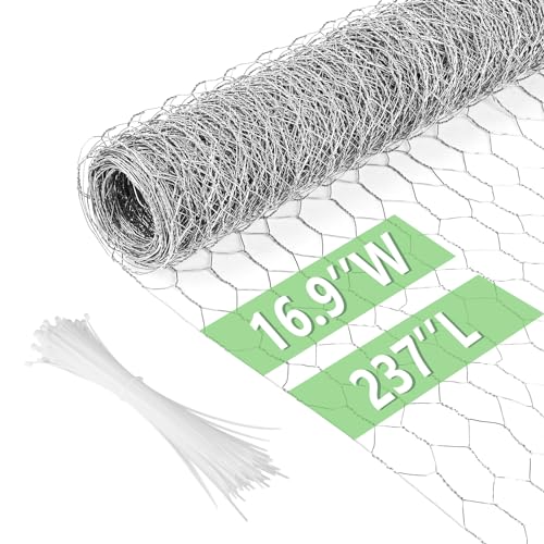 Chicken Wire 16.9 in x 237 in Poultry Wire Netting Hexagonal Galvanized Mesh Garden Fence Barrier for Pet Rabbit Chicken Fencing with 100 Pcs Cable Zip Ties - color: Silver, size: 16.9"x237"+100Ties