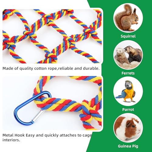 2 Pcs Rat Climbing Ropes for Cage Accessories - Bird Rope Rat Toys - 12.6 x 9.84 inch Hammock - Cotton Rope Bridge - Bird Ladder with 4 Silver Hooks - color: Mixed