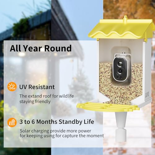 GarveeLife Smart Bird Feeder with 2K Camera & AI Recognition,Solar Powered | 2L Capacity, Night Vision, App Alerts, Auto Capture Photos/Videos for Bird Watching - color: Yelllow