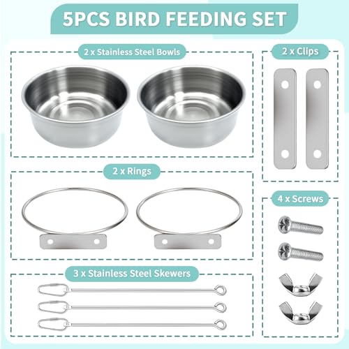 2 Pcs Bird Feeder Bowls with 3 Pcs Food Holder for Cage, Parrot Food Water Bowls and Fruit Skewer Foraging Toy, Stainless Steel Bird Feeding Dish Cups for Small Animals (Silvery, 5 Pcs)