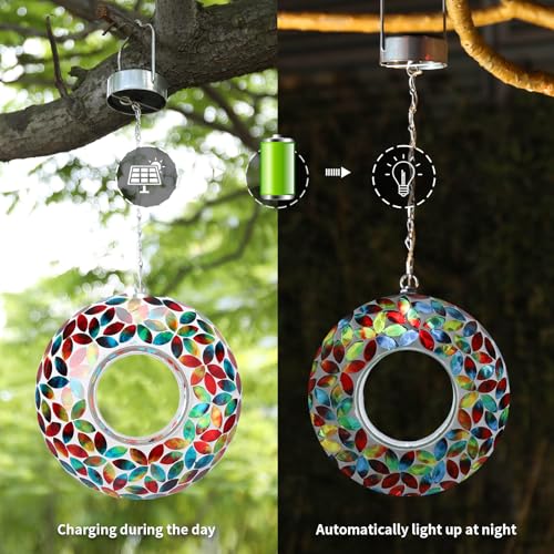 VCUTEKA Solar Bird Feeder, Fly Through Mosaic Birdfeeder for Garden Decor | 10" Mosaic Bird Feeders for Outside Hanging Round Shape Glass Container to Attract More Wild Bird Feeders for Bird Lovers - color: Red&Blue