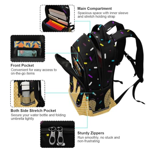 Kids Black Ice Cream Backpack for Boys Girls School Bags | Elementary Middle, Travel Daypack Lightweight Waterproof with Reflective Strip - color: Black Ice Cream