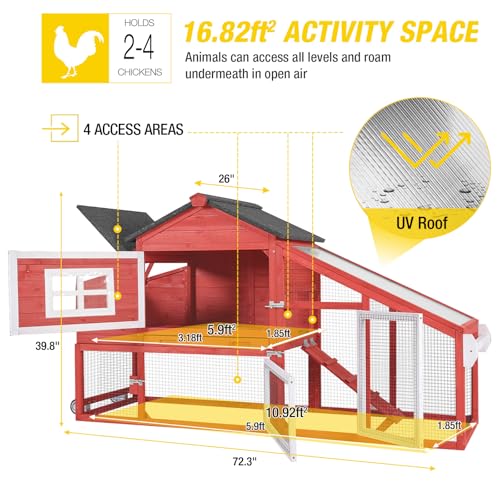 Aivituvin Mobile Chicken Coop with Wheels for 2-4 Chickens, Backyard Expandable Chicken House Duck Cage with Run, 2 Nesting Boxes, Easy Clean Pull-Out Tray, Leak-Resistant Asphalt Roof, 72.3"(Red) - color: Red, size: 72.3"L x 26.0"W x 39.4"H
