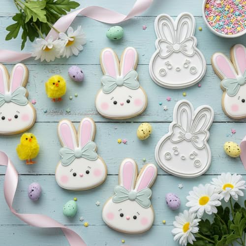Easter Cookie Cutters Rabbit Face 3.5" with Plunger Stamps Handle Spring Holiday PLA Baking Molds Gifts Decorative Party Kitchen Cake Supplies - color: Cute Bunny Face
