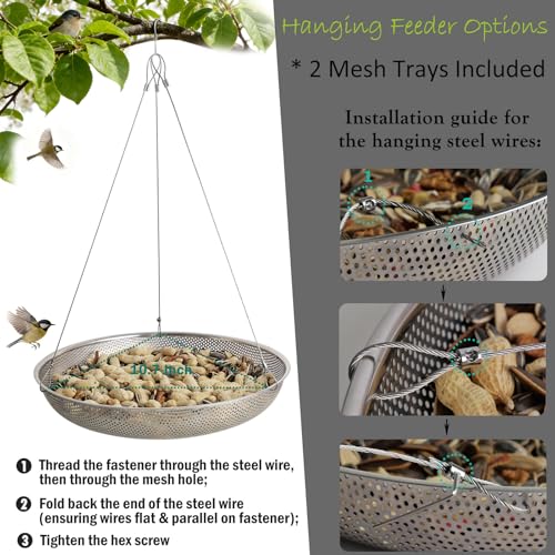 13-Inch Ground Bird Feeder and Bath Combo, Stainless Steel Ground Feeding Platform for Birds & Squirrels, with Dual Birdseed Mesh Trays, Birdbath, Attracting Creatures to Backyard, Patio - color: bird feeder & bath combo