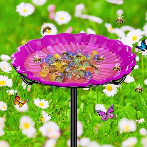 Bee Butterflies Watering Station, Standing Bee Feeder with Glass Marbles for Outside, Bee Bath Feeder with Metal Stakes Butterfly Puddler Garden Yard Déco (Rose) - color: Rose