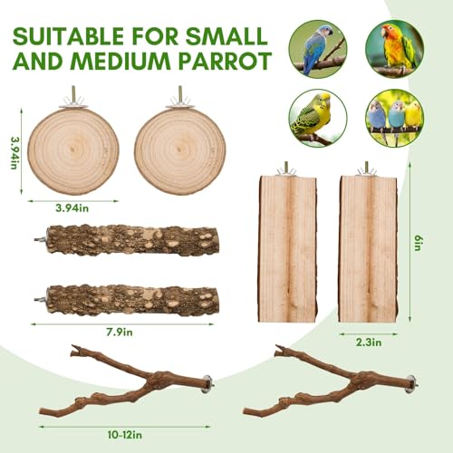 8pcs Brid Perch Bird Cage Accessories 2 Natural Grape Stick Paw Grinding Fork 6 Parrot Stand Bird Toys for Parakeets, Cockatiels, Conure, Budgies