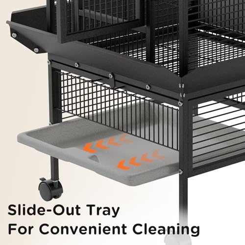 Garvee 60 inch Large Bird Cage with Rolling Stand, Metal Parrot Cage with Play Top & 4 Stainless Steel Bowls, Birdcage Pet House for Conure Cockatiel Parakeet Lovebird, Black | Play Top & 4 Stainless Steel Bowls, Rolling Birdcage Pet House for Conure Cock