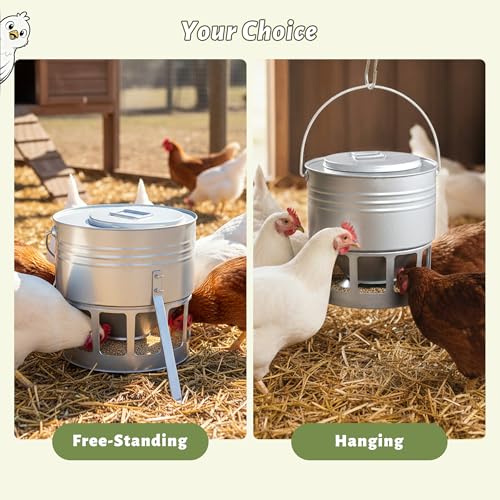 KOL Metal Chicken Feeder - 20lbs No Waste Chicken Feeder with 12 Ports, Powder Coated Rust-Proof Design & Smooth Edges for Safe Feeding (Silver) - color: Silver