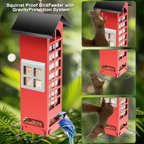 Bird Feeders Squirrel Proof for Outdoor Hanging Wild Bird Feeders with Weight Activated Ports,Metal Cardinal Tube Birdhouse Finch Seed Feeder,Large 2.5LB Capacity for Chickadee Blue Jay Woodpecker - color: Red