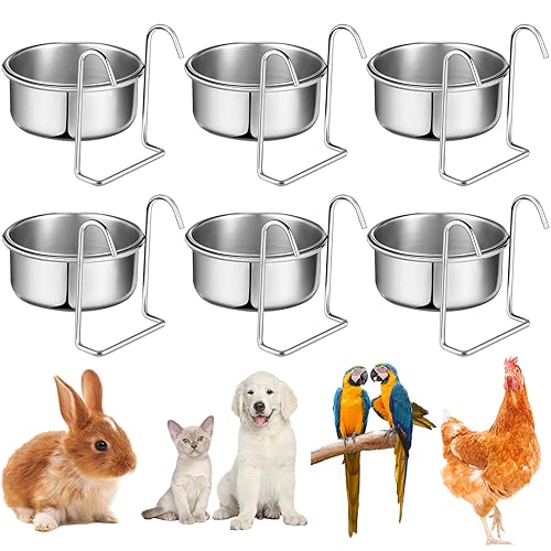 Layhit 6 Pcs 10 oz Kennel Pet Hanging Bowl Stainless Steel Coop Cup with Hanger None Spill Dog Crate Water Bowl Kennel Dog Rabbit Food Dish for Cage Cats Birds Chicken Reptiles