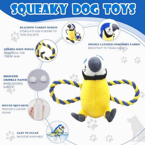 Upgraded Dog Squeak Toys Tug of War Squeaky Parrot Dog Toys with Strong Pull Rope, Superior Crinkle Paper and Big Squeaker Interactive Plush Bird Chew Toys for Small, Medium, and Large Dogs