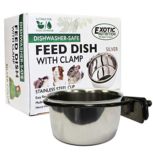 Stainless Steel Cup w/Holder - Durable Metal Mountable Food & Water Dish - Sugar Gliders, Hedgehogs, Chinchillas, Rats, Ferrets, Guinea Pigs, Rabbits, Squirrels, Birds (5 oz., Silver) - size: 5 oz.