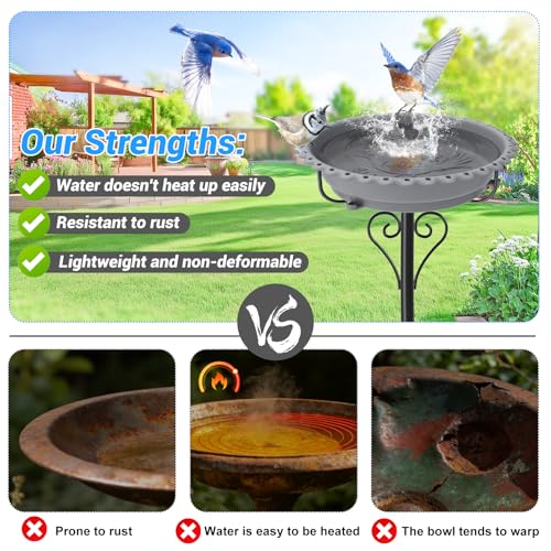 Bird Bath for Outside,12" Plastic Removable Bowl,Gray | Heavy Duty Metal 5 Prongs Base,Easy CLean,Weather-Resistant,Rust-Proof,40" Freestanding Birdbath for Garden Patio Yard Lawn - color: Grey-Freestanding