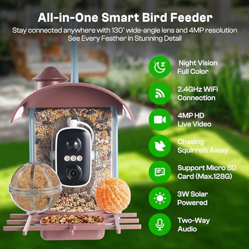 Smart Bird Feeder with Camera - AI Identify 10000+ Bird Species, Solar Powered Bird House with 1080P Color Night Vision, Auto Capture Bird Videos, Wireless Outdoor Camera, Ideal Gift for Nature Lover