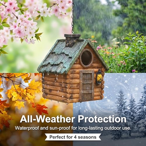 Bird Houses for Outside, with Hanging Chain, Wood-Look Resin Waterproof | Practical Birdhouses for Outdoors, Decorative Bird Cage, Garden Decor for Hummingbird, Bluebird, Cardinal and Other Bird - style: Wood-Look