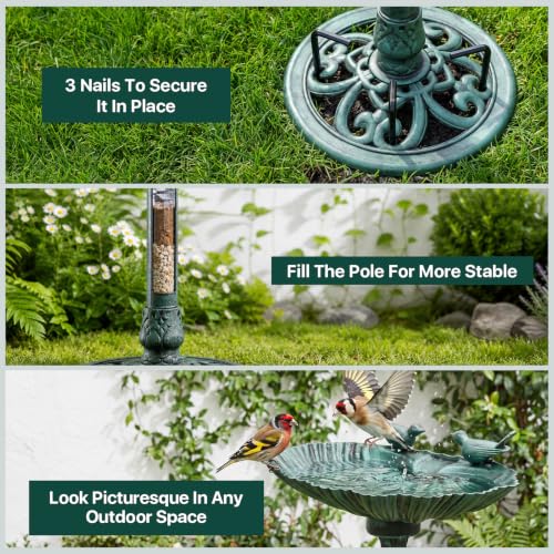 Athena Collection 31.5" Solar Powered Pedestal Bird Bath Fountain, Green | Detachable Solar Fountain Broad, 6 Spray Patterns, 5L Water Large Capacity，3 Ground Nails Included for Garden Yard Lawn - color: Green