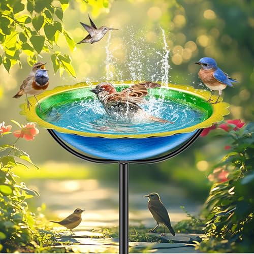 Metal Bird Bath for Outside, Garden Birdbath Bowl Freestanding Bird Feeders for Outdoors with 4 Prongs Base Stake, Standing Birdfeeders for Yard Lawn Decor (Blue Yellow) - color: Blue Yellow