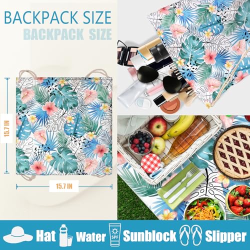 Holiday Beach Towel Bag 2 in 1 Tropical Leaves Beach Towel Backpack Convertible for Women Men - color: Tropical Leaves Blue