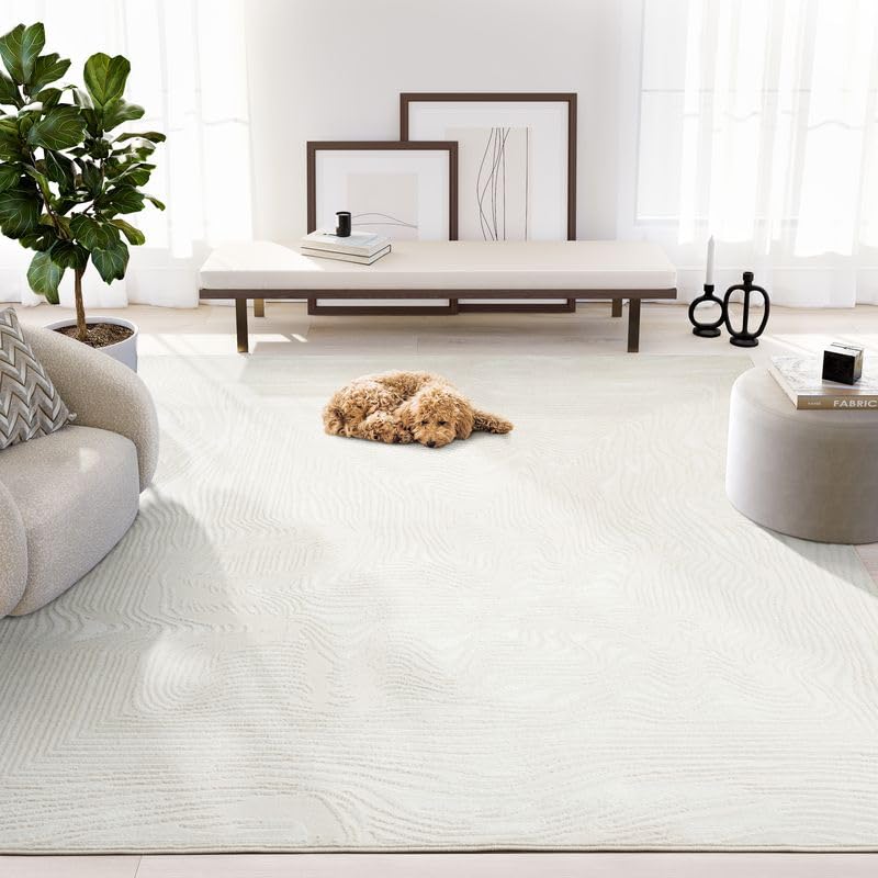 Abani Zen 4' x 6' Cream Rug – Neutral Layered Wavy Borders Pattern, Medium Soft Area Rug for Living Room & Bedroom, Durable & Easy to Clean - size: 4' x 6'