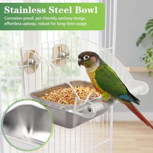 No Mess Bird Cage Feeder, Stainless Steel Parakeet Bowl with Perch | Easy to Install & Clean, No Spill Design, Hanging Bird Feeder for Budgie, Cockatiel, Conure, Lovebird, Canary, Finch