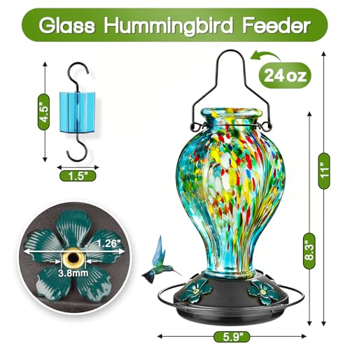 Hand Blown Glass Hummingbird Feeders for Outdoors Hanging, 24oz Wild Bird Nectar Feeder with Ant Moat and Perch, Bee-Resistant Ports, Garden Decor, Gifts for Women Mom, 1 Pack, Blue Fireworks - color: Blue Fireworks