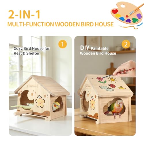 Wooden Bird House with Removable Wood Tray & Stainless Steel Mesh Bottom, DIY Paintable Birdhouse for Lovebirds Budgies Cockatiels Conures, Cozy Bird Nest Indoor Outdoor Use (Wood Tray + Steel Mesh)