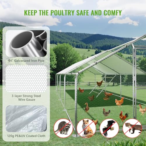 Large Metal Chicken Coop Runs for Yard with Cover, 10x26x6.5 | Perch Bars, Split Doors, Waterproof Covers, Mesh Wire - color: Spire Top, size: 315.0"L x 118.1"W x 78.7"H