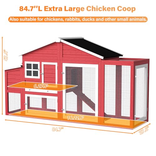 Large Chicken Coop 84.7'' Outdoor Weatherproof Hen House for 4-6 Chickens with Nesting Box, Predator Proof Poultry Cage with Pull Out Tray, Easy Clean & Assemble - color: Red(84.7"L x 27.6"W x 47.4"H)