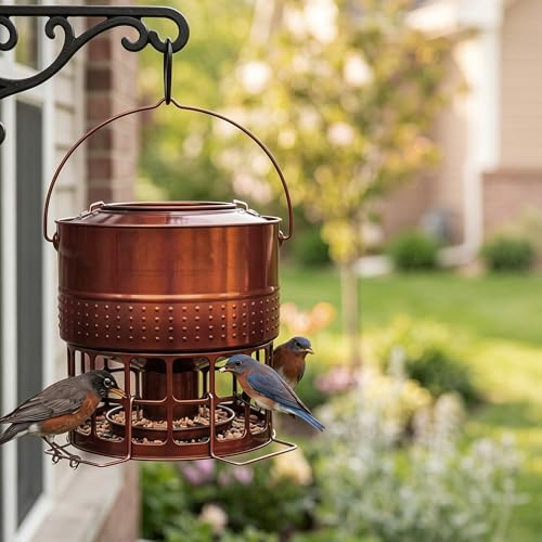 Solution4Patio 8-10LB Bird Feeder, Metal Wild Birdfeeder with 32 Access Holes & 2 Perches, Locking Top Helps Reduce Squirrel Stealing, Rust-Proof Hanging Design for Cardinals & Finches - color: Glazed Red
