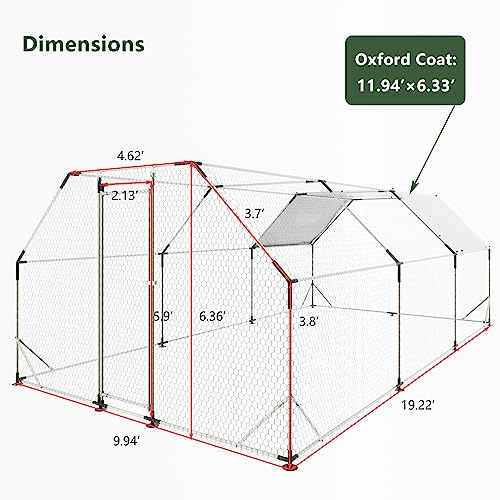 CHIKENCOOP 19.5x9.8x6.5ft Metal Chicken Coop, 3-Room Chicken Run with Cover | Three-room walk-in run with flat-center roof, waterproof UV-resistant PE cover, galvanized steel frame, and lockable door. - size: 238.0"L x 118.0"W x 79.0"H