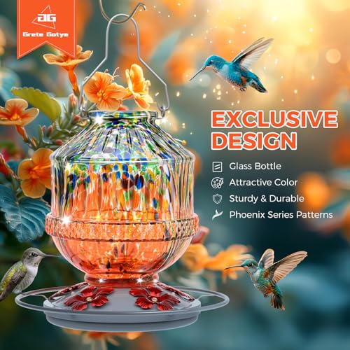Blown Glass Hummingbird Feeders for Outdoors, 25 Ounces Wild Bird Nectar Feeder with Perch & 5 Flower Feeding Ports Leak Proof Hanging for Garden Backyard Decor, Gifts for Women Mom, Orange - color: Vitality Orange