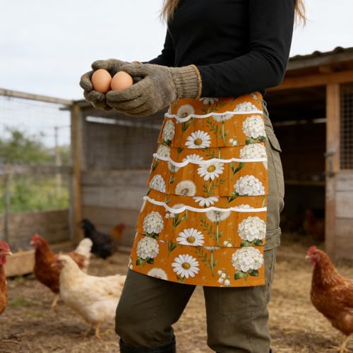 CUTHOLLOW Egg Collecting Apron for Adlut, Housewife, 18 Deep Pockets Hen Egg Gathering Holding Apron with Elastic Closures - style: Wildflowers and Daisies With Dandelions