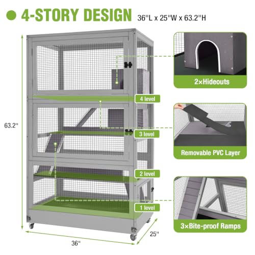 GUTINNEEN 4-Story Ferret Cage Easy-Clean Chinchilla Cage Anti-Chewing Small Animal Cages for Rat Squirrel 63.2" H - size: 36.0"L x 25.0"W x 63.2"H