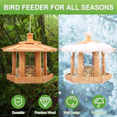 Wooden Bird Feeder for Outdoors Hanging, Red Cedar Hexagon Shaped Large Capacity, Cardinal Birdfeeder for Garden Decoration Yard, Weatherproof and Durable(Large) - size: Large