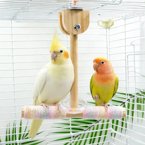 Bird Cage Accessories, Wooden Swing Perch Toy with Rope and Plastic Circle, Parakeet Toys, Bird Toys for Budgies, Cockatiels, Lovebirds, Green Cheeks, Small to Medium Birds