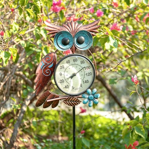 Outdoor Thermometer, Owl Outside Decor for Patio, Yard and Garden | No Battery Needed, Waterproof, Indoor and Outdoor, Easy to Read, Gifts Idea - color: Bronze