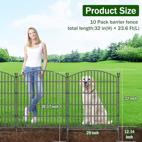 10 Panel No Dig Decorative Garden Fence with Gate 32"H x 23.6'L Dog Barrier | Rustproof welded Metal with deep stakes for outdoor yards, patios. Modular design contains pets, rabbits, small animals. - size: 32 in(H) X 23.6 ft(L)