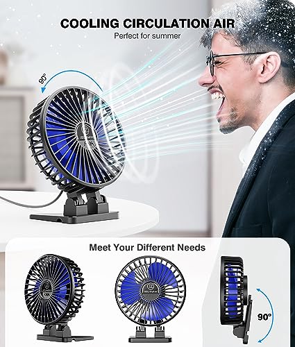 JZCreater USB Desk Fan, Mini Portable Fans, 3 Speeds Desktop Table Cooling Fan, Plug in Power, Rotation Strong Wind, Quiet Personal Small for Home Office Travel Bedroom, Black Blue - color: Black Blue