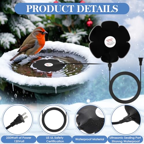 Tujoe 2 Pack 250W Bird Bath Heater De-icer, Thermostatically Controlled Birdbath Water Heater with 6.6 ft Cord, Outdoor Winter Heaters for Bird Bath, Chicken Waterer, Pond