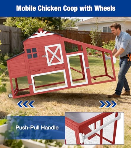 Mobile Chicken Coop with Run Outdoor Hen House with Slide-Out Tray Waterproof Roof Large Nesting Box 2 Perches Non-Slip Ramp Red - color: 73.4“L Red & White