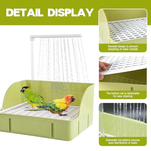 Automatic Bird Bath, Parrots Bath Shower with USB Pump with Regulating Water Valve, Parrot Bathtub , Large Bird Fountain, Filter Sponges & Circulating Water, for African Grey, Cockatiel, Conure(Green)