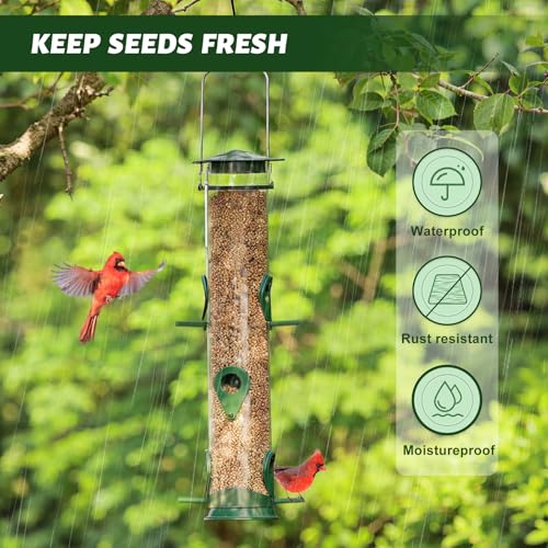 2 Packs Green Bird Feeder Tube Hanging Feeders, 6 Port Wild Bird Feeders Premium Hard Plastic with Steel Hanger Weatherproof and Water Resistant Great for Attracting Birds 18.2 Inches Large - color: 2Packs-green
