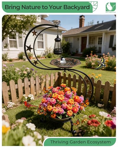 Solar Bird Bath with Flower Planter, S-Shaped Standing Garden Decor | Solar Glow, Hummingbird Embossed Bowl, 2-Tier Planter, Weather Resistant Metal, Garden Patio Accent