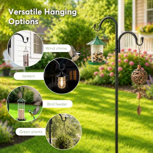 63" Double Shepherds Hooks for Outdoor, Freestanding Adjustable Shepherds Hook with Base, Metal Bird Feeder Pole for Wind Chimes, Hummingbird Feeders, Lanterns, Hanging Plants, Indoor Outdoor Decor
