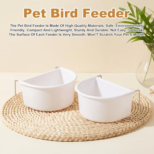 2-Pack Bird Cage Feeder, Plastic Hanging Bird Food Bowl Cups Feeder with Metal Hooks White Food and Water Dispenser Bowl for Small Birds Parakeet Parrots