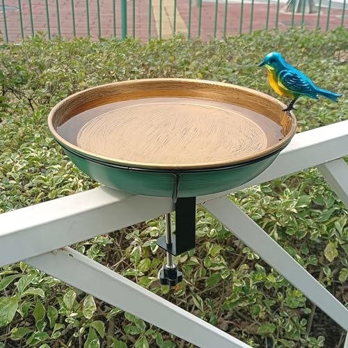 Deck Bird Bath for Outdoors, 11" Green/Bronze Metal Birdbath Bowl with Big Steel Clamp Backyard Birdbath&Bird Feeder for Railing Balcony Fence Yard Art Garden Decor - color: Green/Bronze