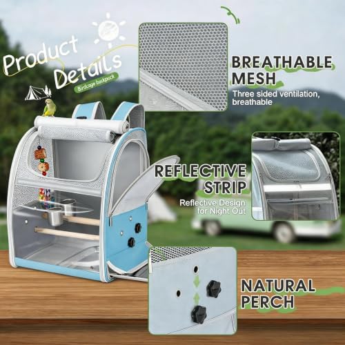 Sanmoncare Bird Carrier Backpack with 2 Adjustable Perches, Water-Repellent Parrot Travel Cage with Stainless Steel Tray, Breathable Pet Carrier for Cockatiels, Conures and Vet Visits, Blue - color: Blue