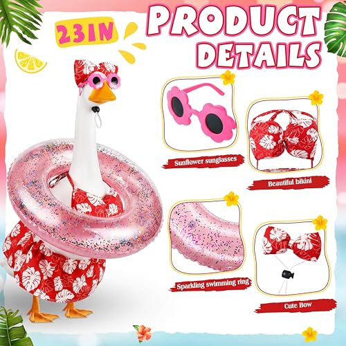 Bikini Summer Porch Goose Outfits for 23" Goose | with Goose Sunglasses Bow Headpiece and Swimming Tube, Hawaiian Red Monstera Porch Goose Outfits, Garden Patio Statue Decor - style: Hot Pink Monstera